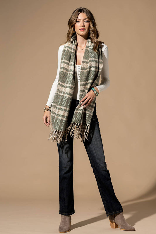 Solid Color Plaid Oblong Scarf with Fringe - SAGE