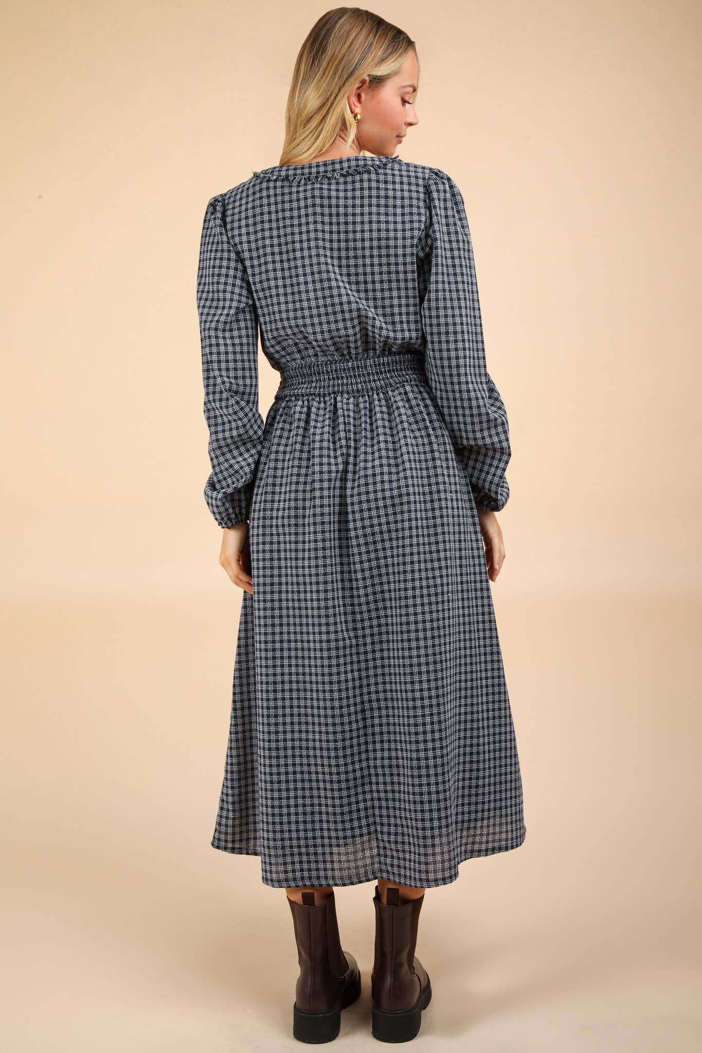 Be Old Plaid Midi Dress - NAVY