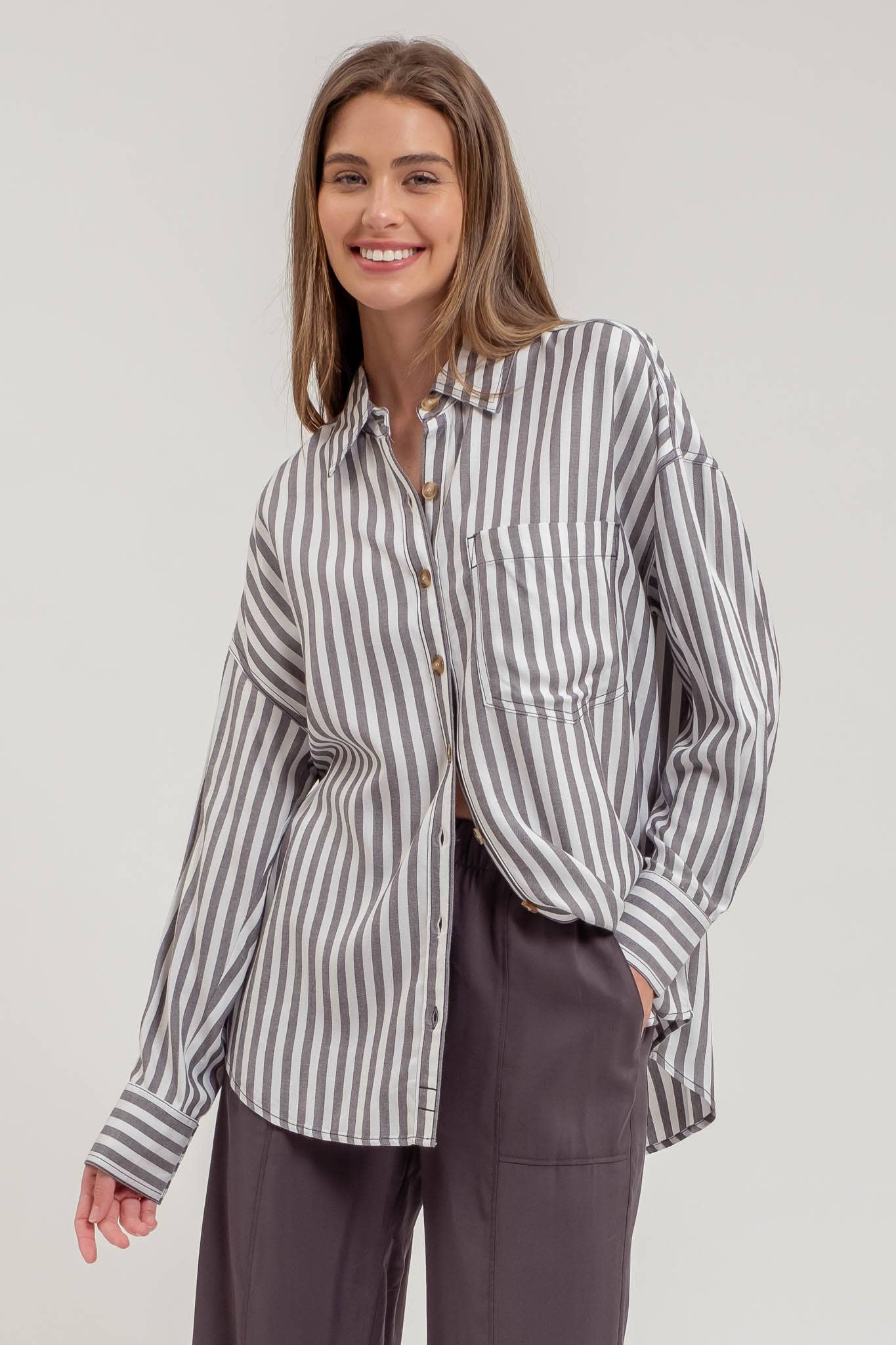 ONE OF US STRIPE SHIRT: CHARCOAL