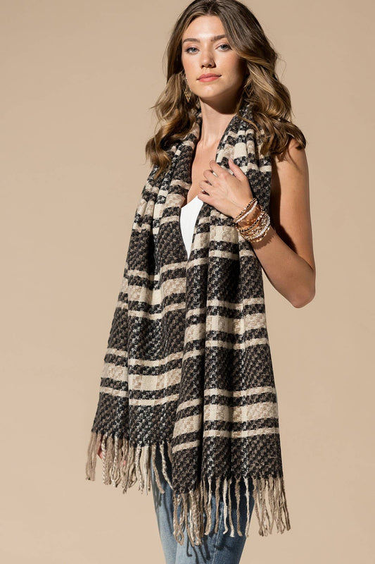 Solid Color Plaid Oblong Scarf with Fringe - BLACK