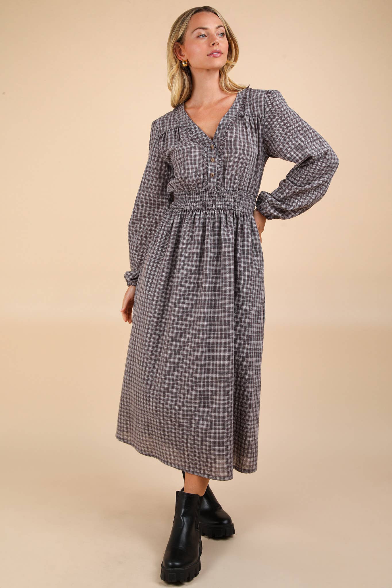 Be Old Plaid Midi Dress - NAVY