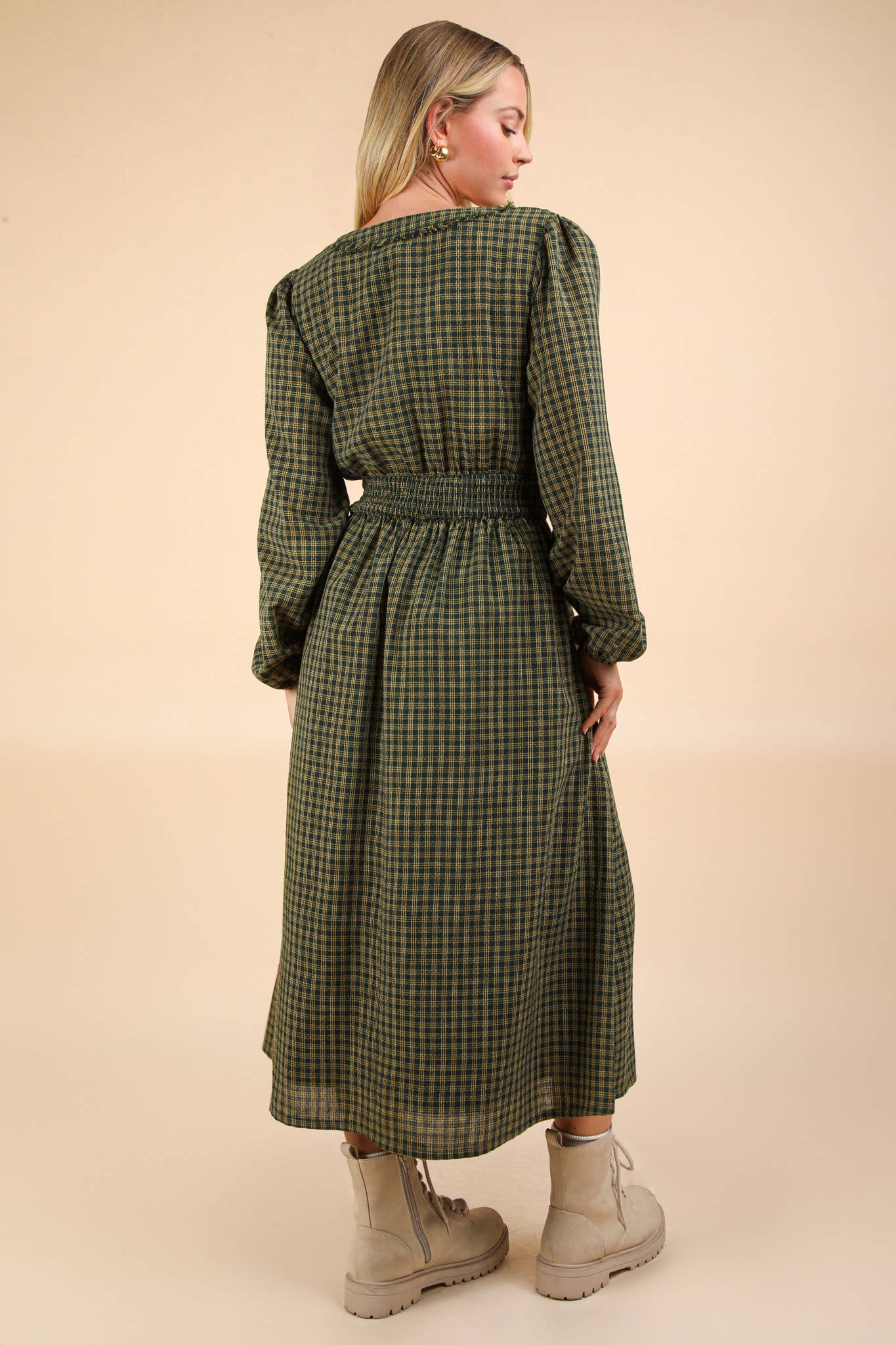 Be Old Plaid Midi Dress - HUNTER GREEN