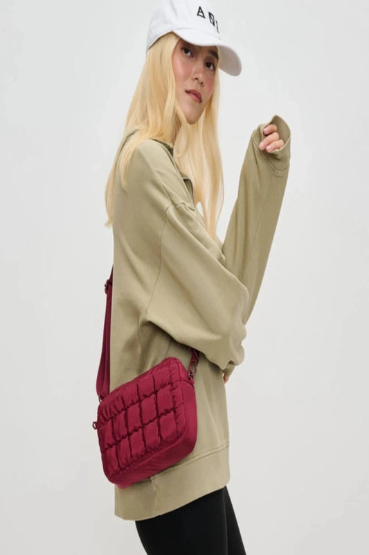 Quilted Puffer Nylon Crossbody - Burgundy