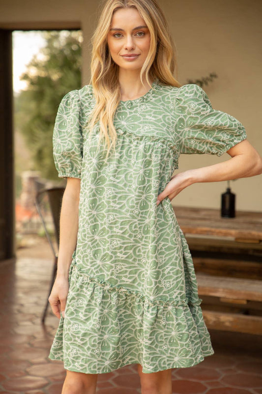 See Me Yoke Embroidered Dress: Green