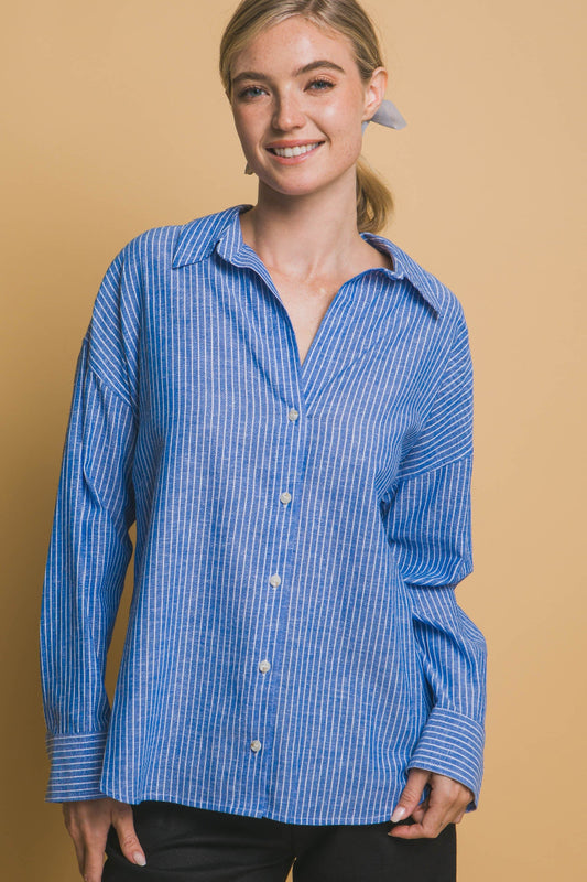 Skies Are Blue Stripe Linen Top - Blue