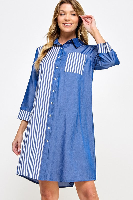 Stripes Up 3/4 Sleeve Dress - Blue