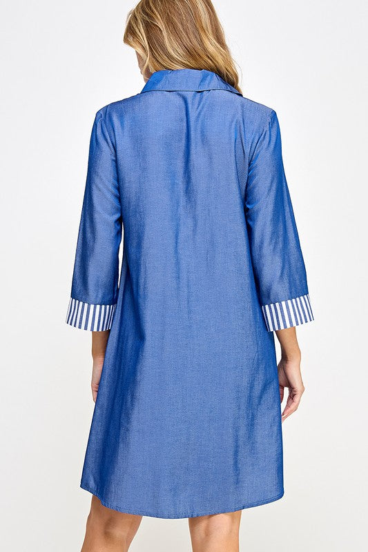 Stripes Up 3/4 Sleeve Dress - Blue