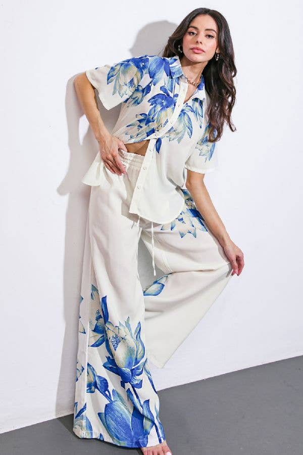 The Power Move Printed Pants - Blue and Ivory