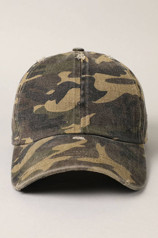 Camouflage Distressed Cotton Baseball Cap Hat: OLIVE / One Size