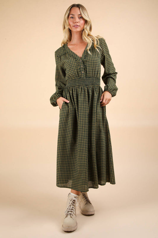 Be Old Plaid Midi Dress - HUNTER GREEN