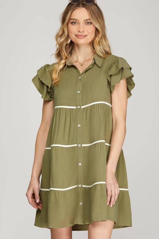 First Time Here Button Down Dress - OLIVE