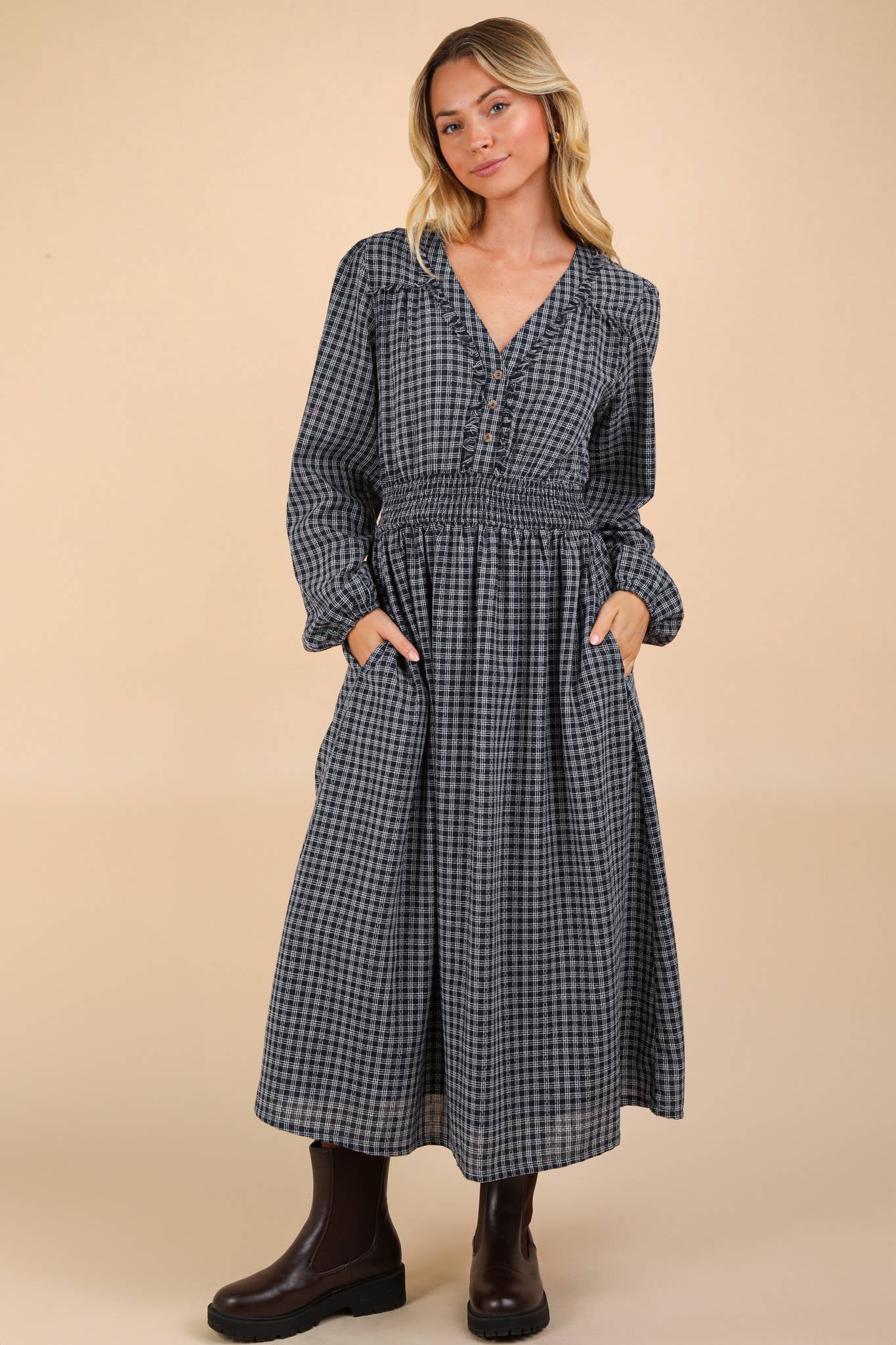 Be Old Plaid Midi Dress - NAVY